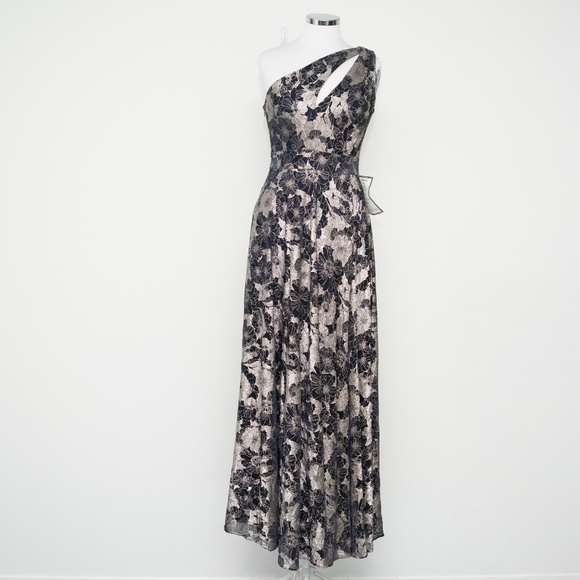 Betsy & Adam - Gwen Long One Shoulder Wrap Foil Flower Dress - Picture 2 of 12